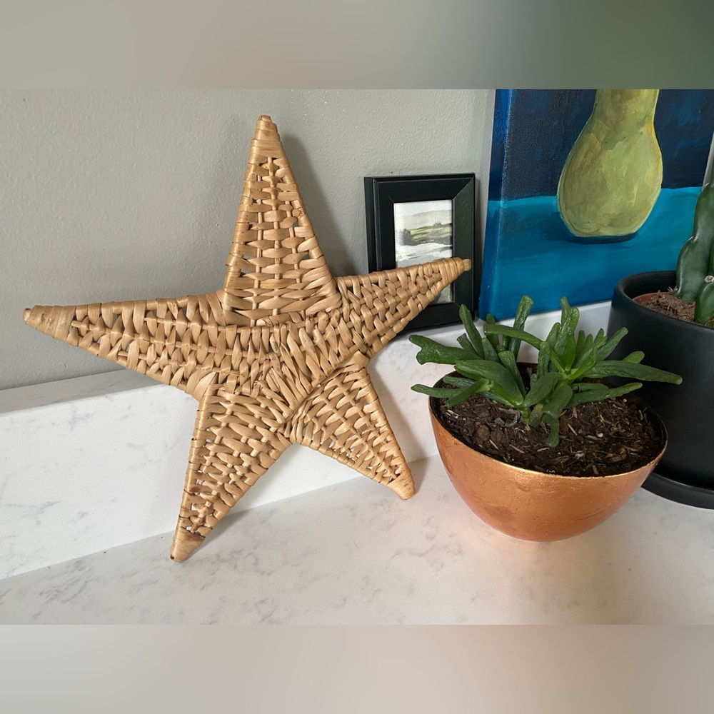 Vintage 10” Flat Basket Woven Rattan Wicker Star Wall Hanging Light Natural Boho
